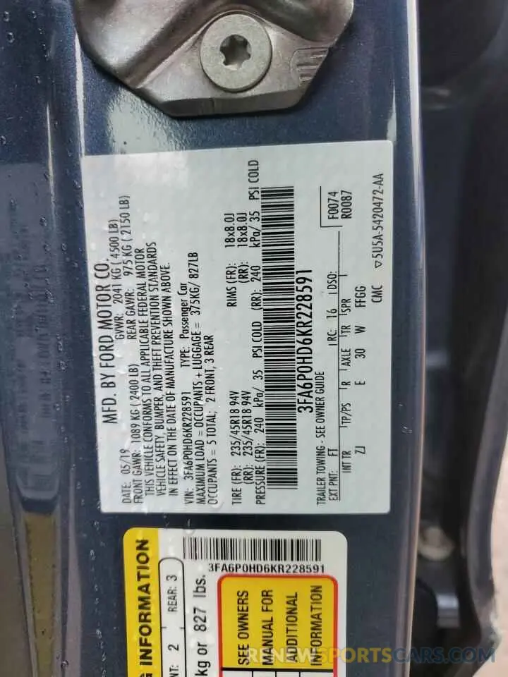 13 fotografías del automóvil dañado 3FA6P0HD6KR228591 FORD FUSION 2019