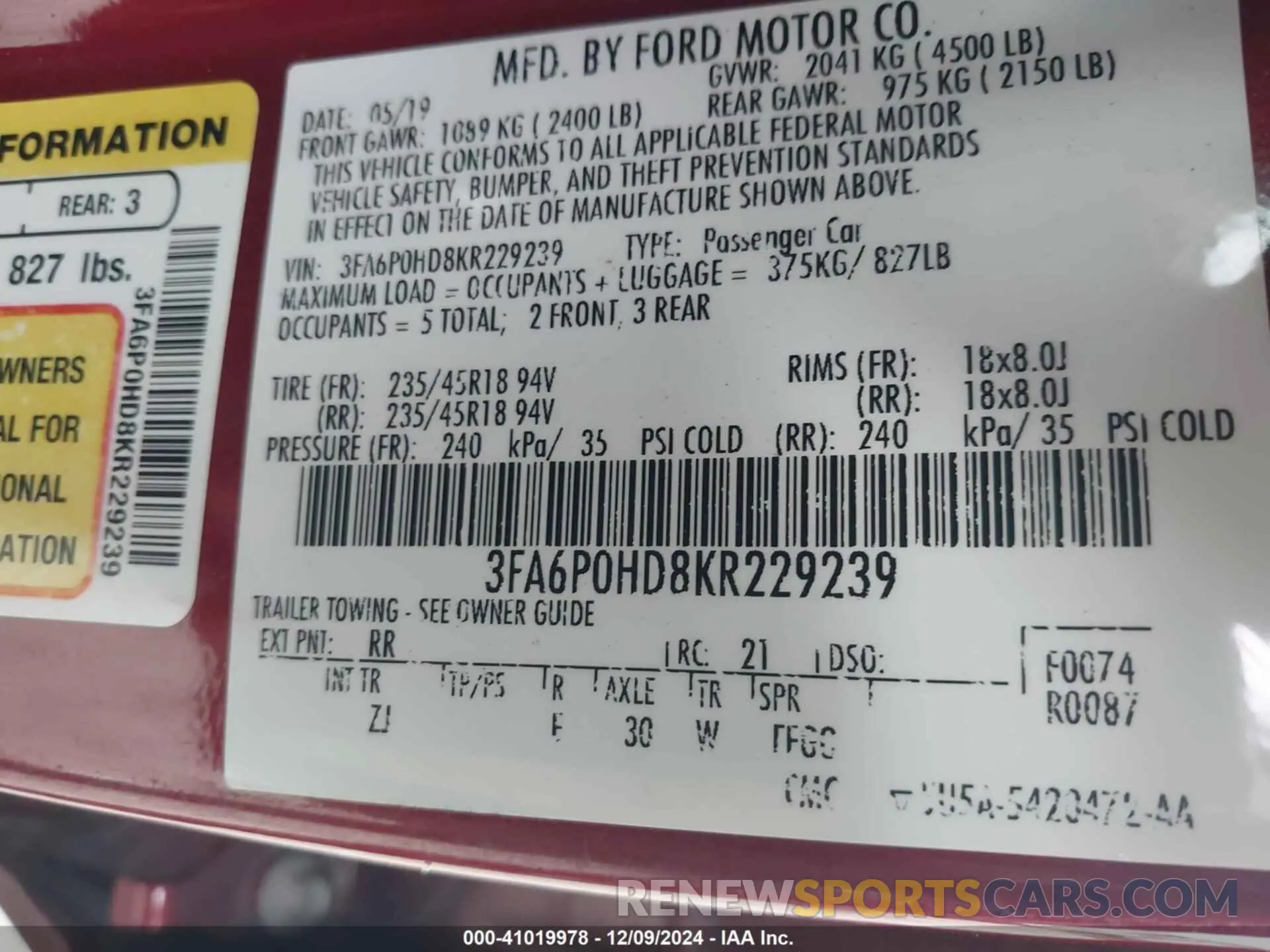 9 fotografías del automóvil dañado 3FA6P0HD8KR229239 FORD FUSION 2019