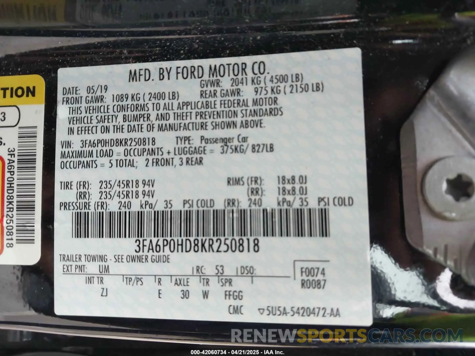 9 fotografías del automóvil dañado 3FA6P0HD8KR250818 FORD FUSION 2019