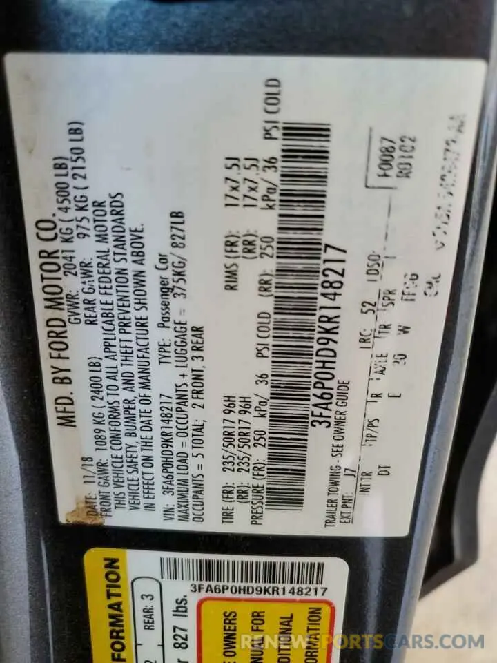 12 fotografías del automóvil dañado 3FA6P0HD9KR148217 FORD FUSION 2019