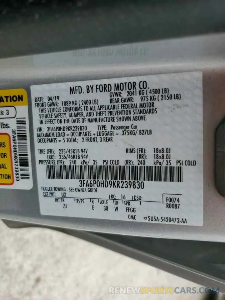 12 fotografías del automóvil dañado 3FA6P0HD9KR239830 FORD FUSION 2019