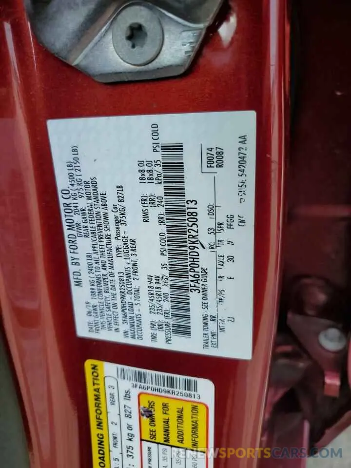 13 fotografías del automóvil dañado 3FA6P0HD9KR250813 FORD FUSION 2019