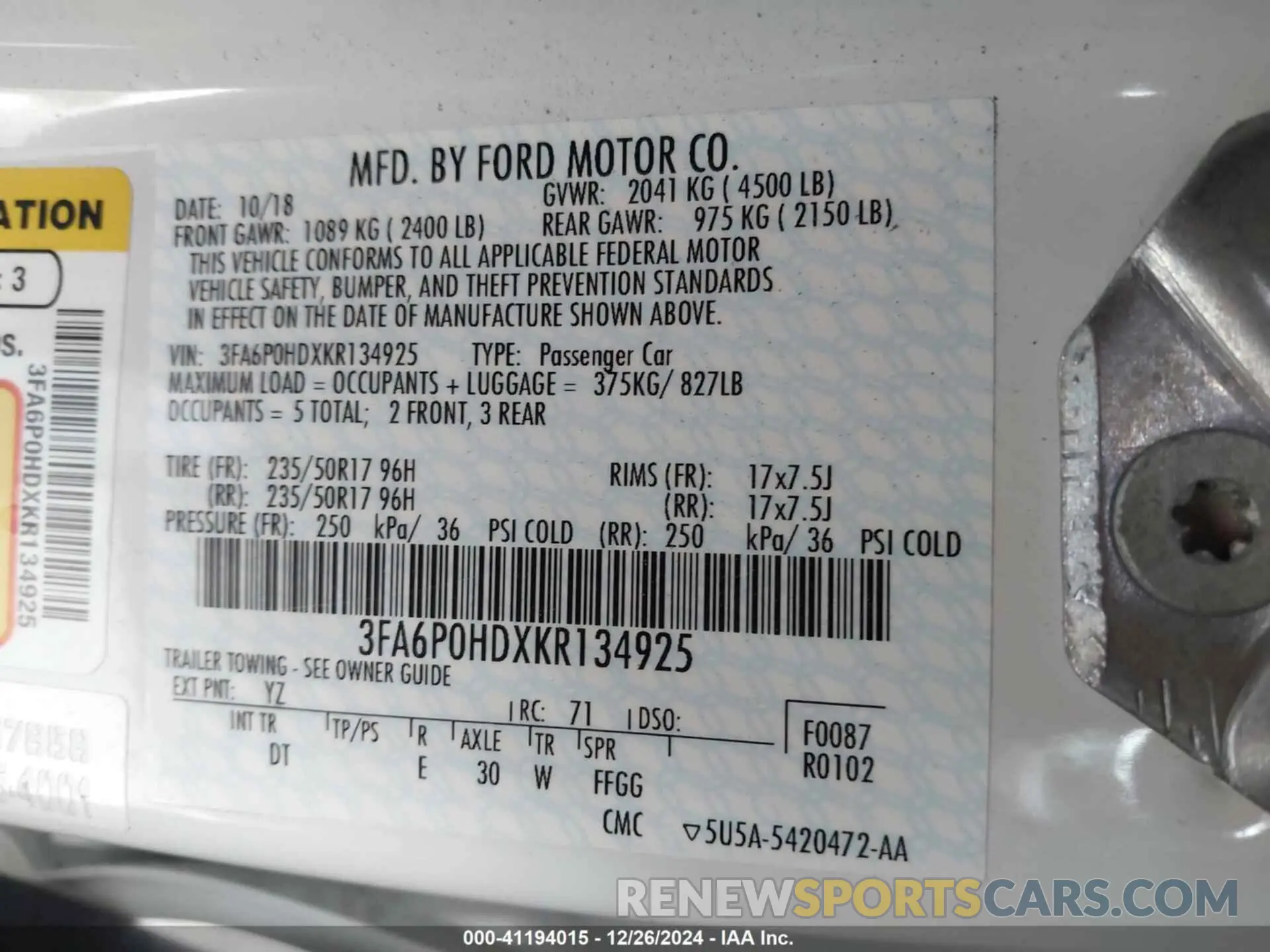 9 fotografías del automóvil dañado 3FA6P0HDXKR134925 FORD FUSION 2019