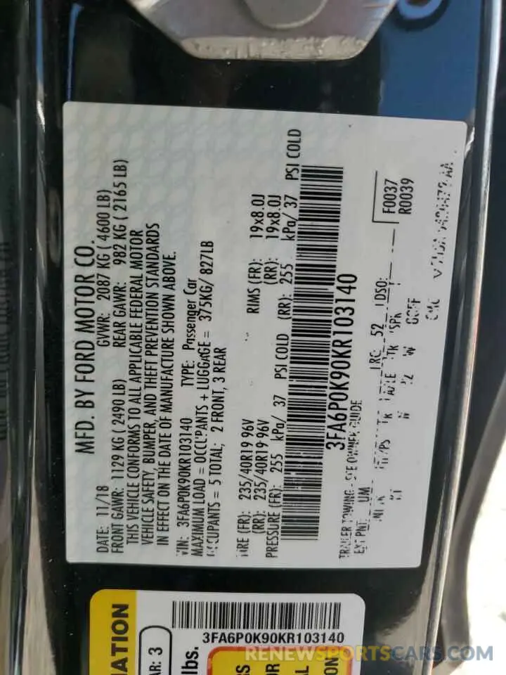 12 fotografías del automóvil dañado 3FA6P0K90KR103140 FORD FUSION 2019