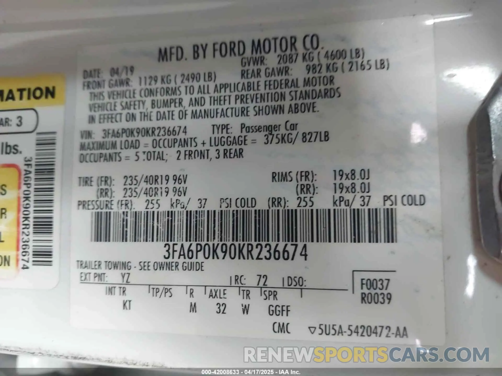 9 fotografías del automóvil dañado 3FA6P0K90KR236674 FORD FUSION 2019