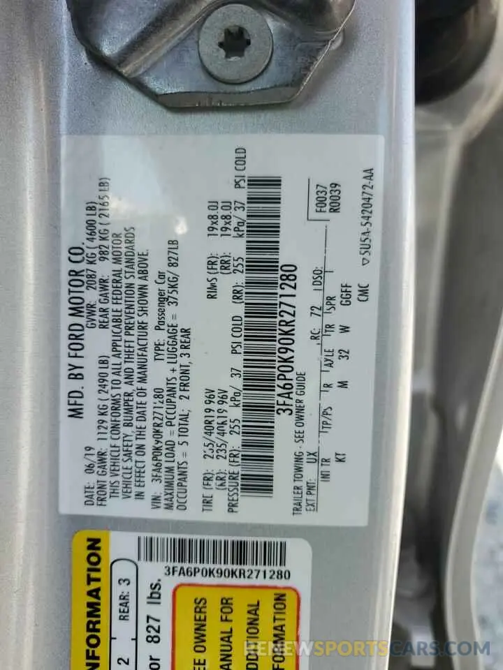 12 fotografías del automóvil dañado 3FA6P0K90KR271280 FORD FUSION 2019