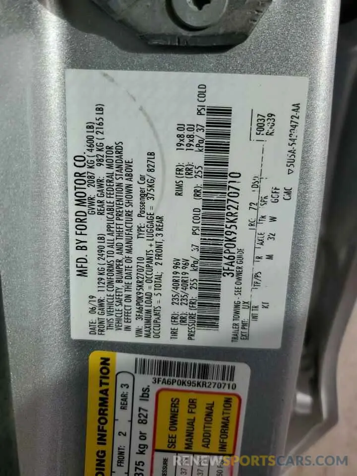 12 fotografías del automóvil dañado 3FA6P0K95KR270710 FORD FUSION 2019