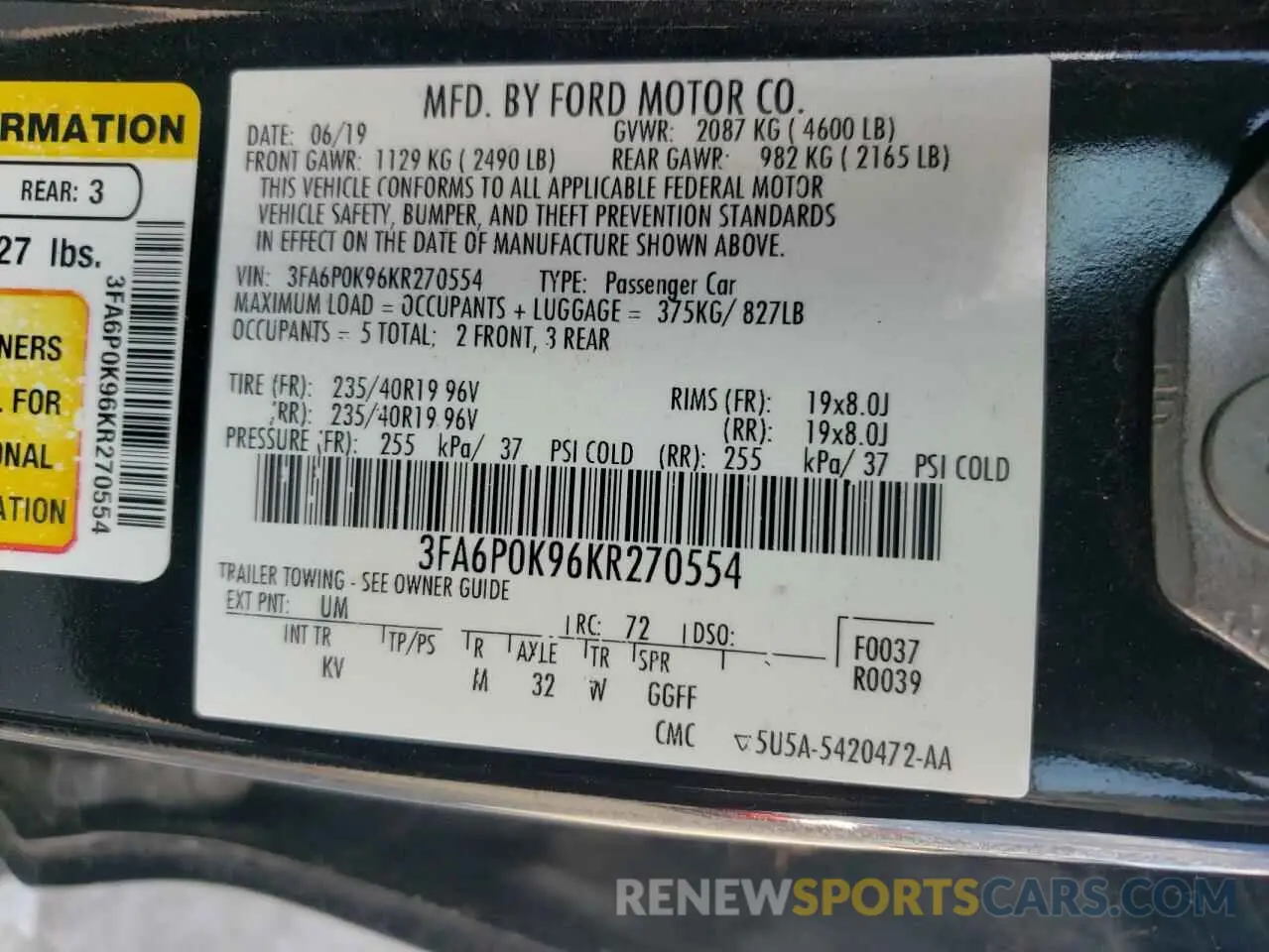 12 fotografías del automóvil dañado 3FA6P0K96KR270554 FORD FUSION 2019