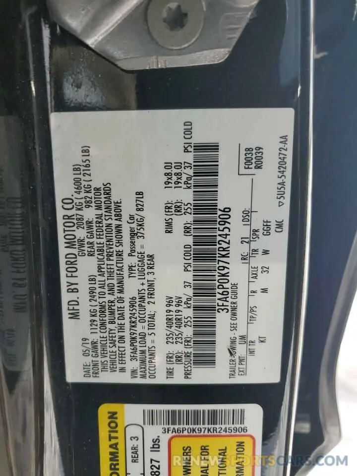 12 fotografías del automóvil dañado 3FA6P0K97KR245906 FORD FUSION 2019