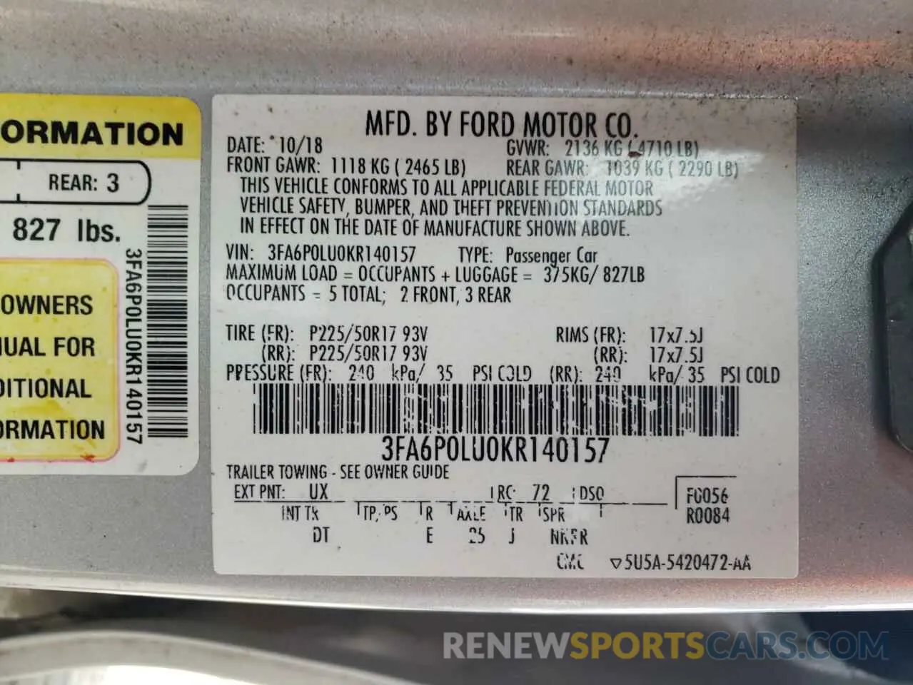 12 fotografías del automóvil dañado 3FA6P0LU0KR140157 FORD FUSION 2019