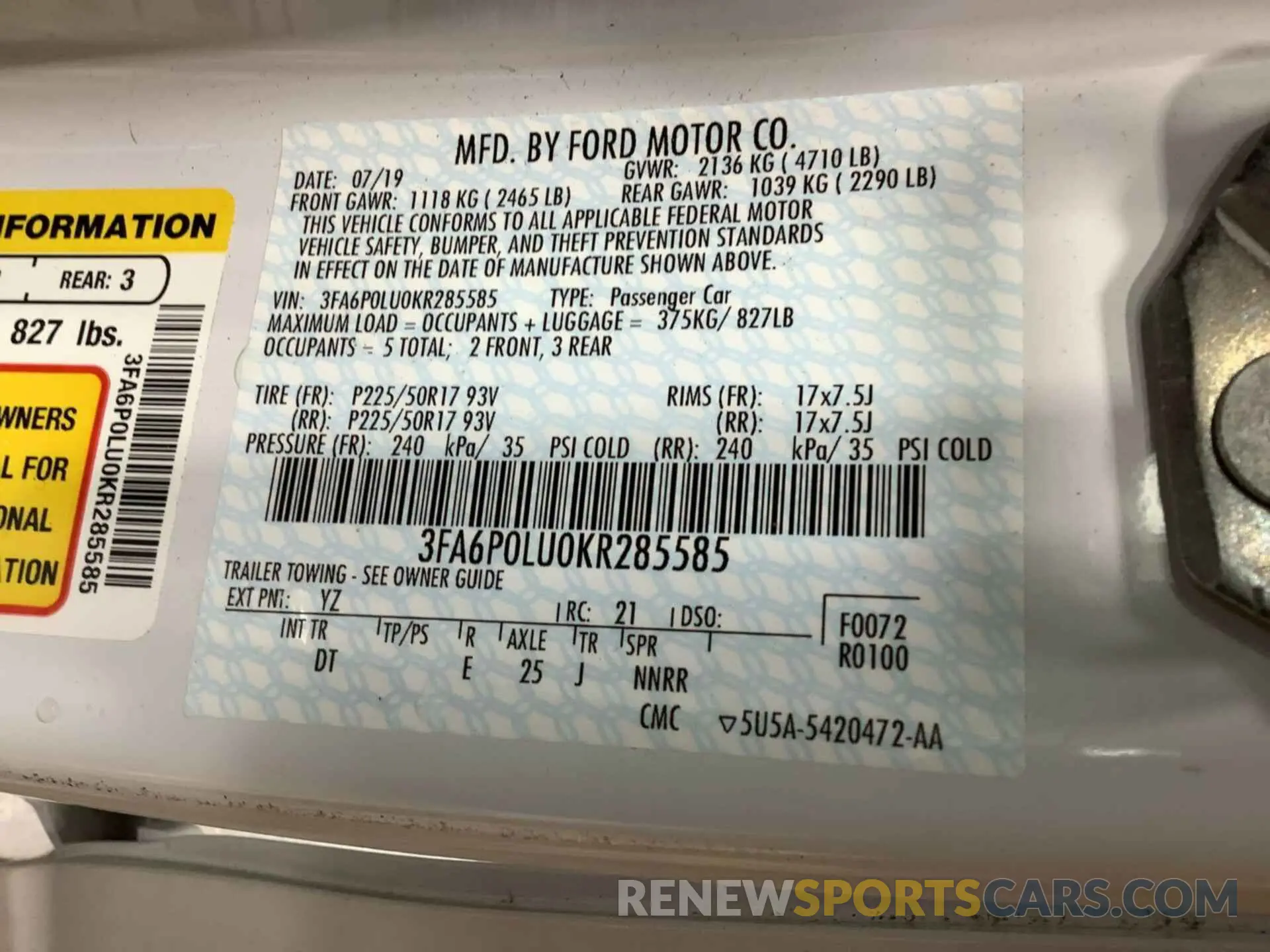 21 fotografías del automóvil dañado 3FA6P0LU0KR285585 FORD FUSION 2019