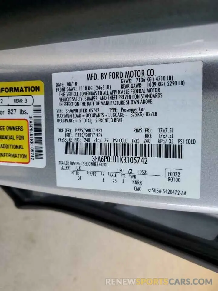 12 fotografías del automóvil dañado 3FA6P0LU1KR105742 FORD FUSION 2019
