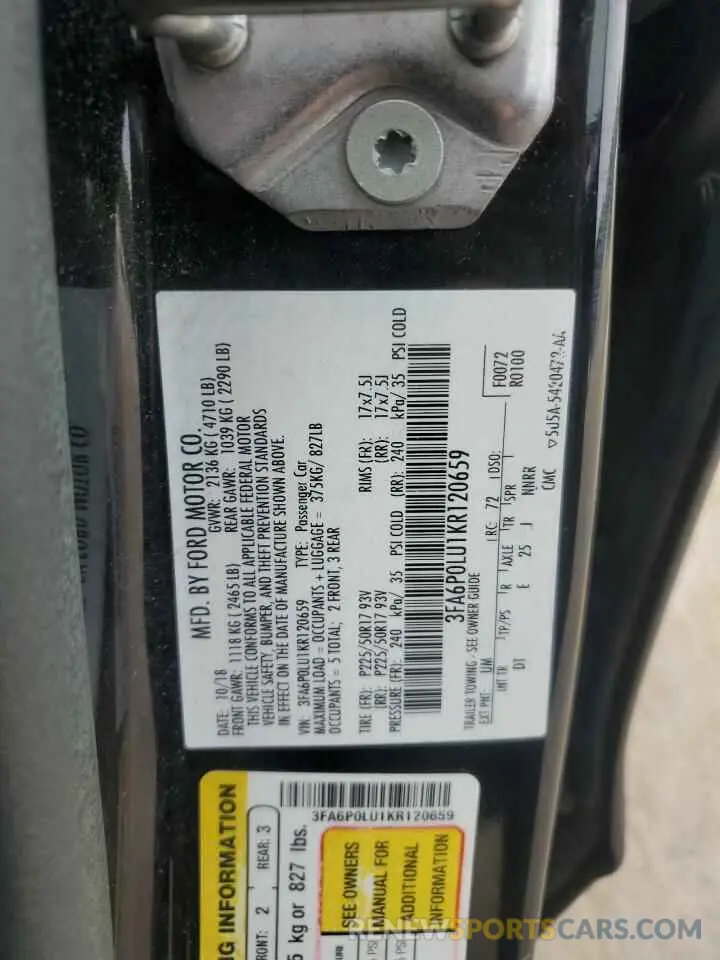12 fotografías del automóvil dañado 3FA6P0LU1KR120659 FORD FUSION 2019