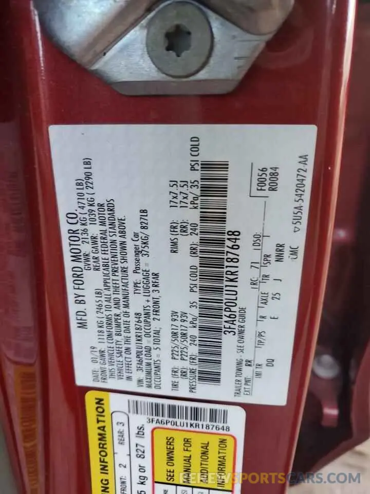 12 fotografías del automóvil dañado 3FA6P0LU1KR187648 FORD FUSION 2019