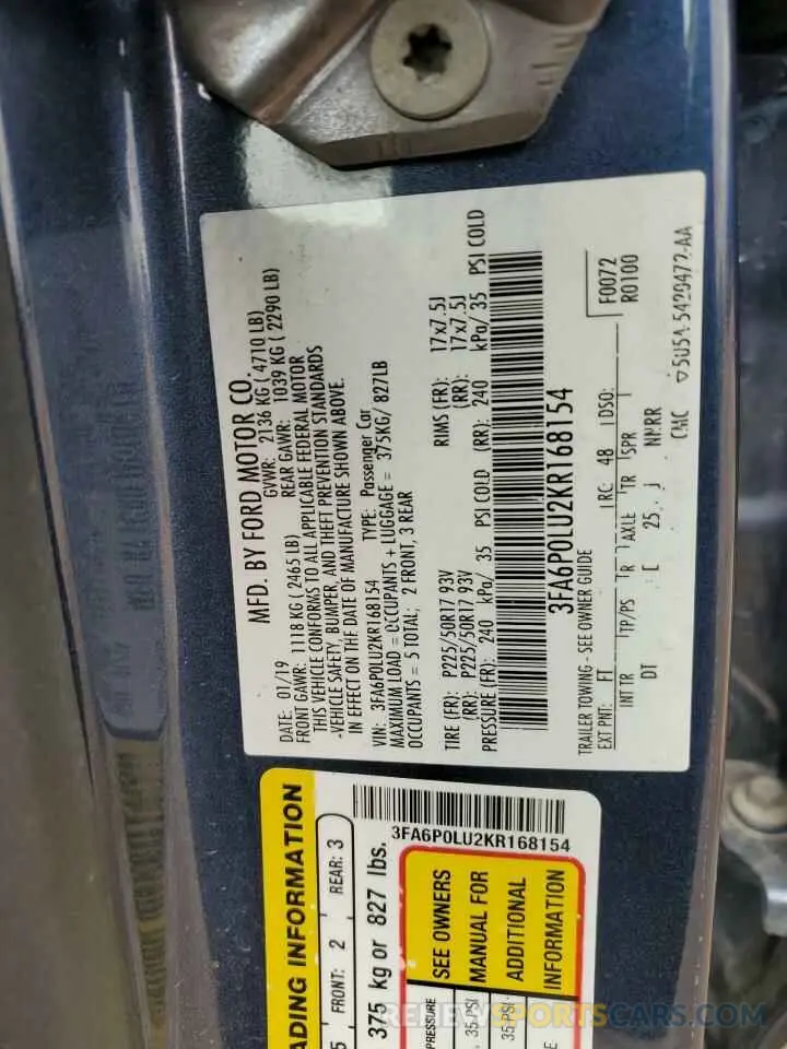 12 fotografías del automóvil dañado 3FA6P0LU2KR168154 FORD FUSION 2019