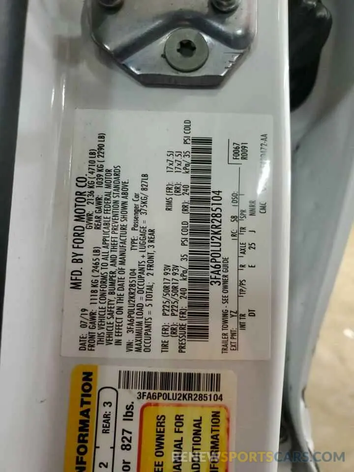 12 fotografías del automóvil dañado 3FA6P0LU2KR285104 FORD FUSION 2019