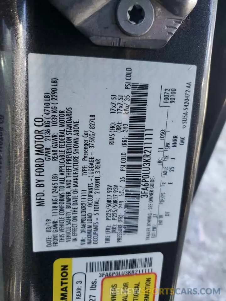 12 fotografías del automóvil dañado 3FA6P0LU3KR211111 FORD FUSION 2019
