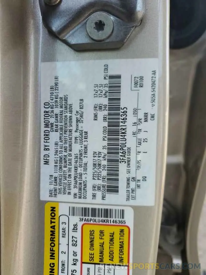 12 fotografías del automóvil dañado 3FA6P0LU4KR146365 FORD FUSION 2019