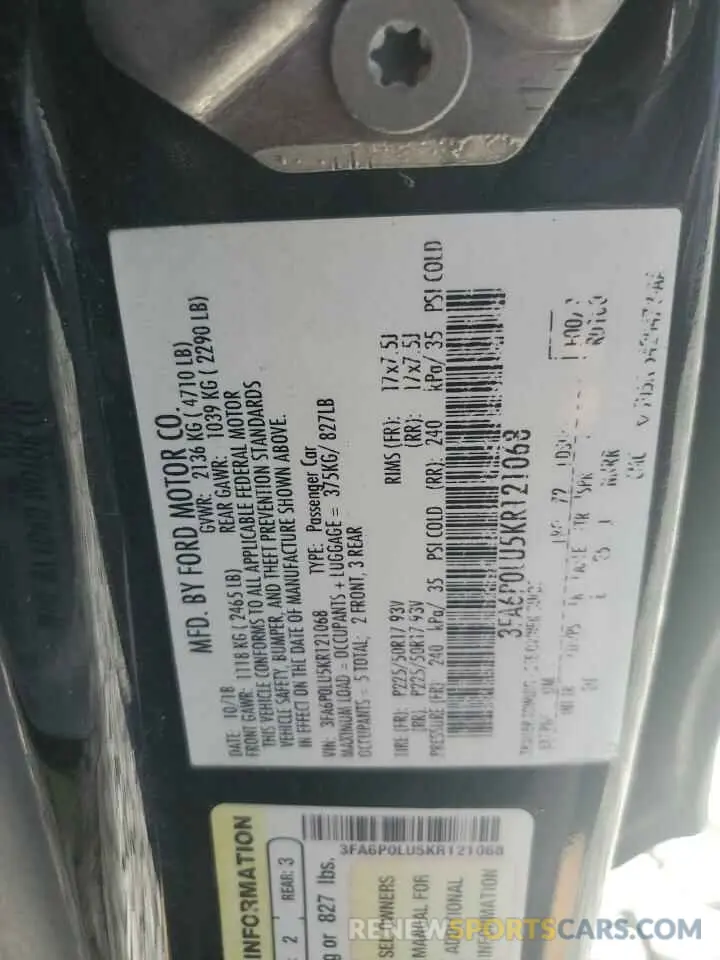 13 fotografías del automóvil dañado 3FA6P0LU5KR121068 FORD FUSION 2019