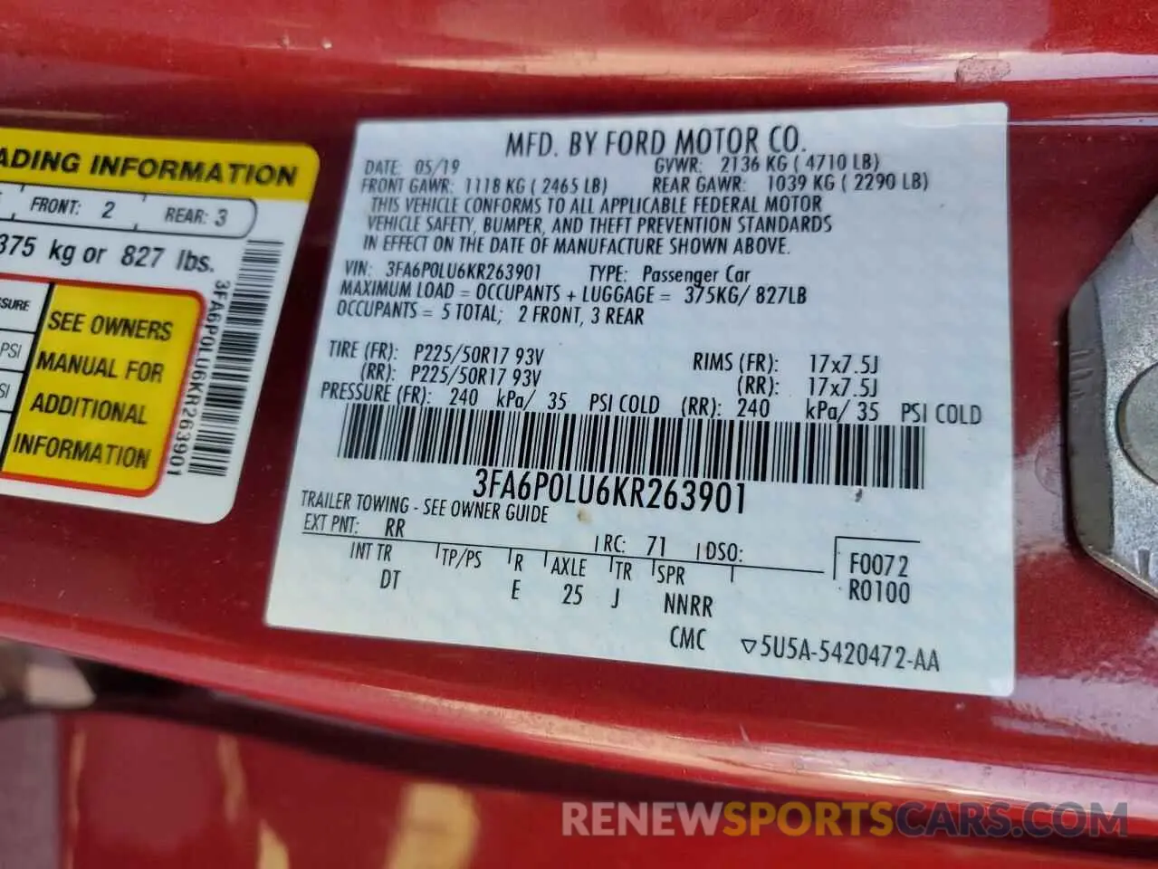 13 fotografías del automóvil dañado 3FA6P0LU6KR263901 FORD FUSION 2019