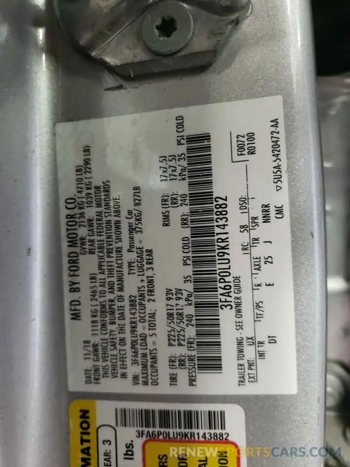 12 fotografías del automóvil dañado 3FA6P0LU9KR143882 FORD FUSION 2019