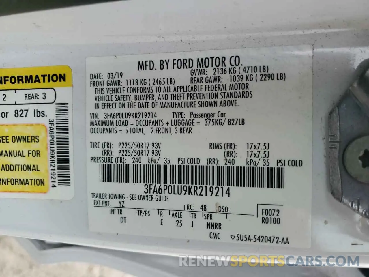 12 fotografías del automóvil dañado 3FA6P0LU9KR219214 FORD FUSION 2019