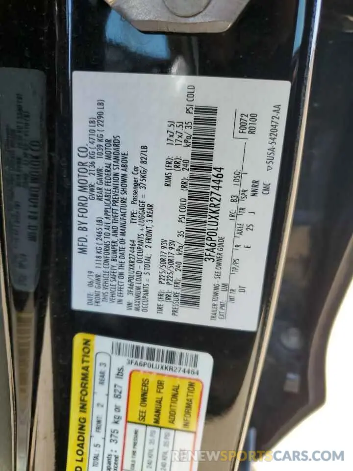 12 fotografías del automóvil dañado 3FA6P0LUXKR274464 FORD FUSION 2019