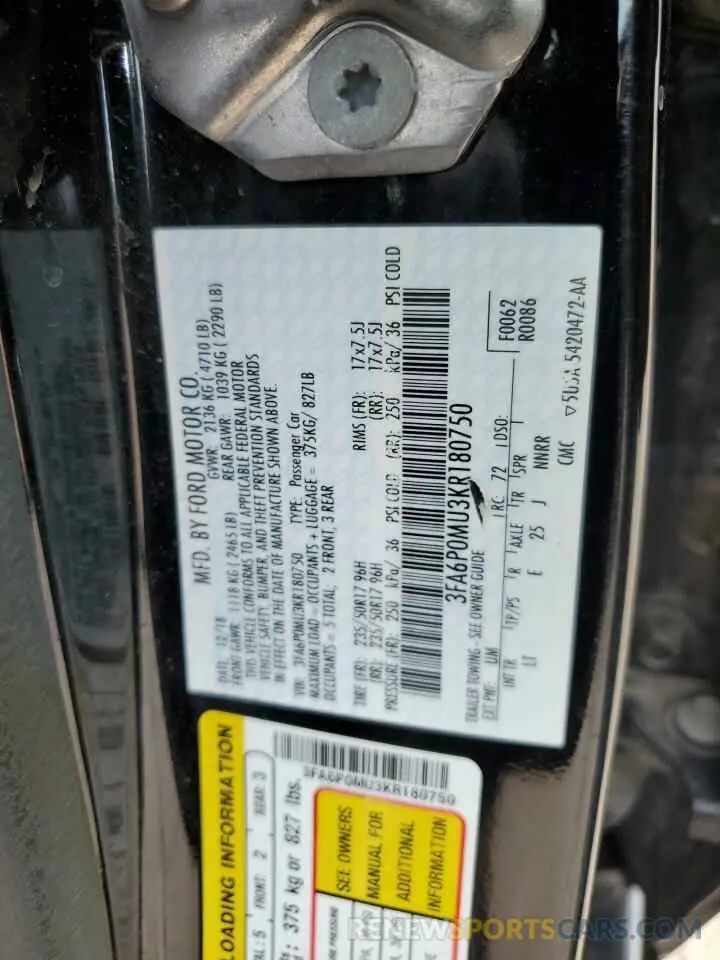 12 fotografías del automóvil dañado 3FA6P0MU3KR180750 FORD FUSION 2019
