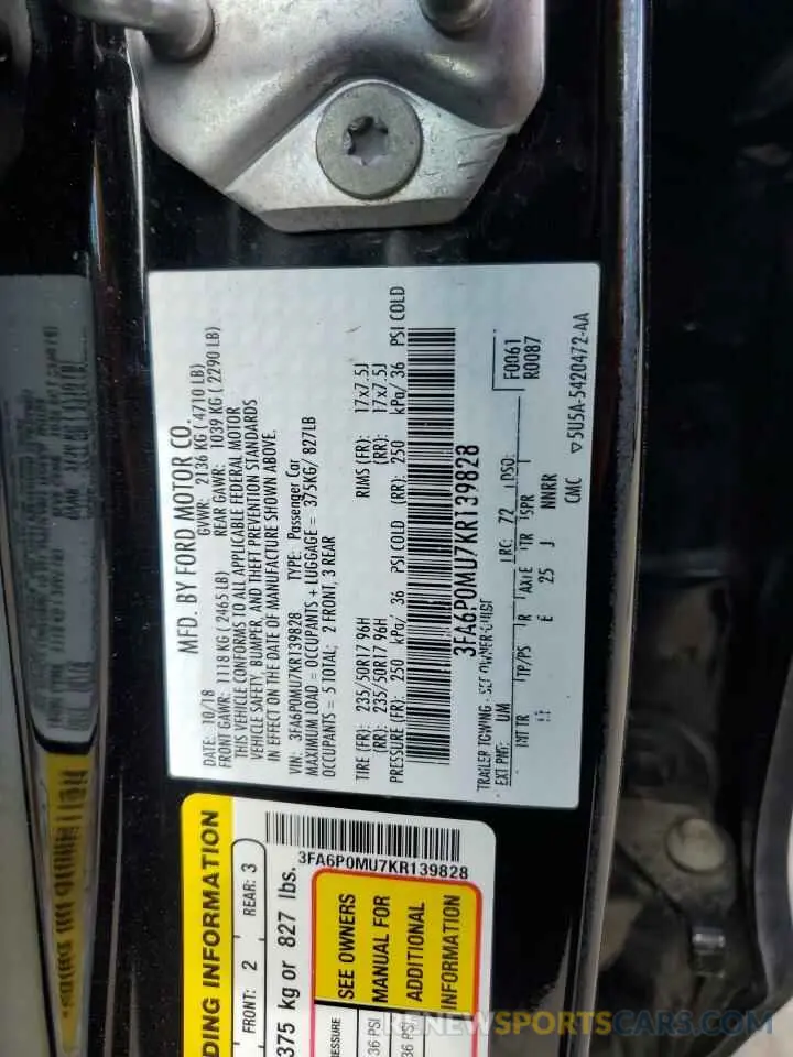 14 fotografías del automóvil dañado 3FA6P0MU7KR139828 FORD FUSION 2019