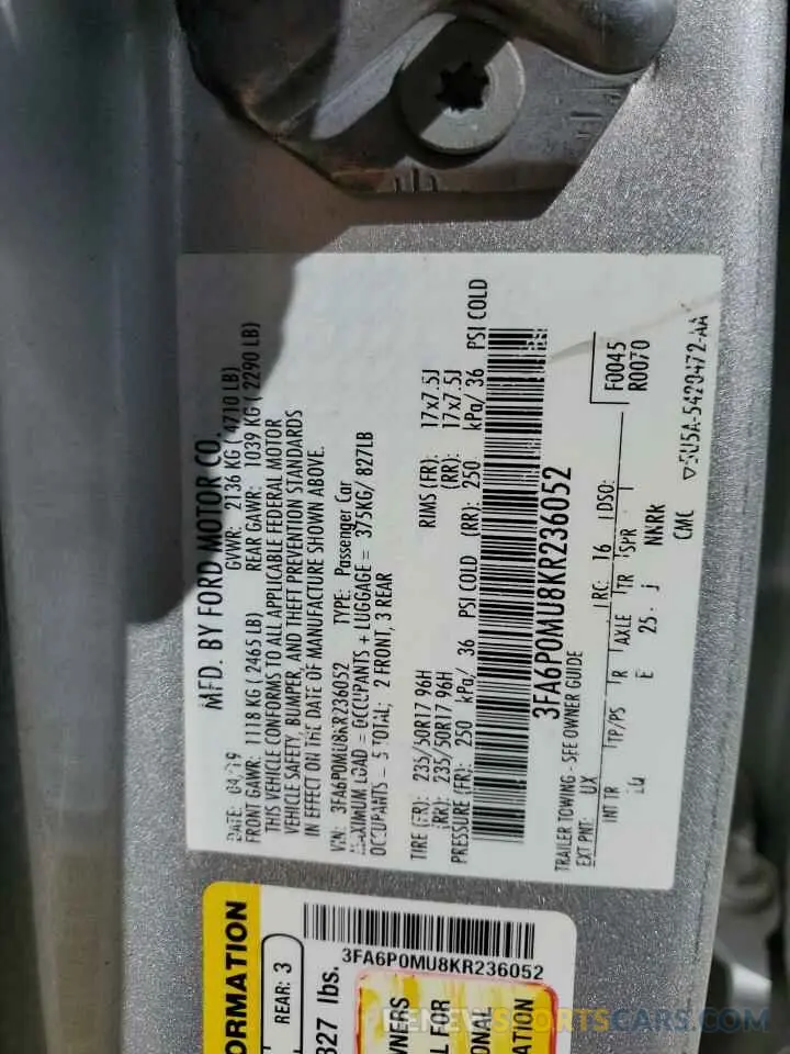 12 fotografías del automóvil dañado 3FA6P0MU8KR236052 FORD FUSION 2019