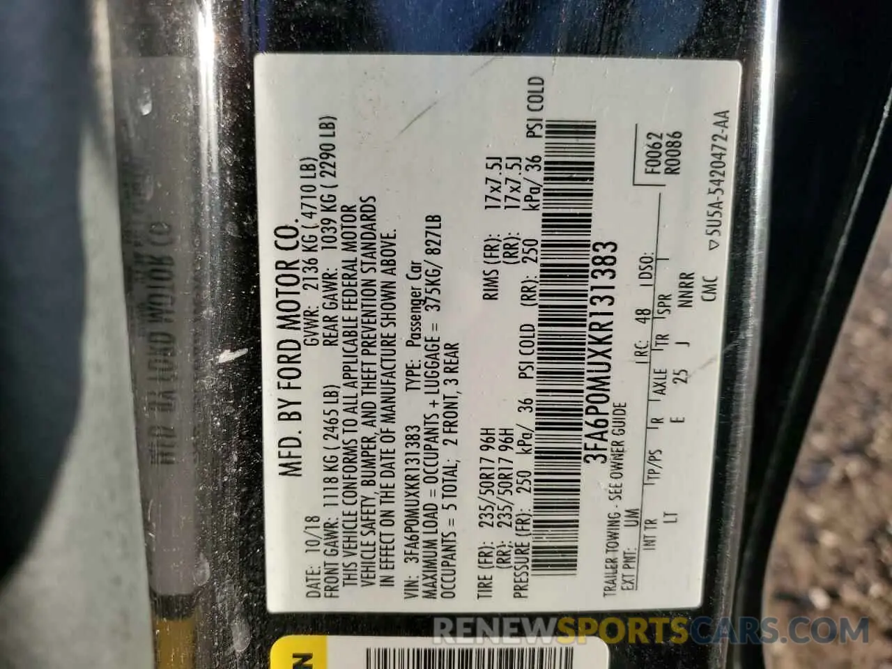 14 fotografías del automóvil dañado 3FA6P0MUXKR131383 FORD FUSION 2019