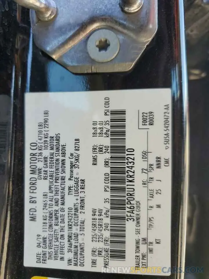 12 fotografías del automóvil dañado 3FA6P0RU1KR243210 FORD FUSION 2019