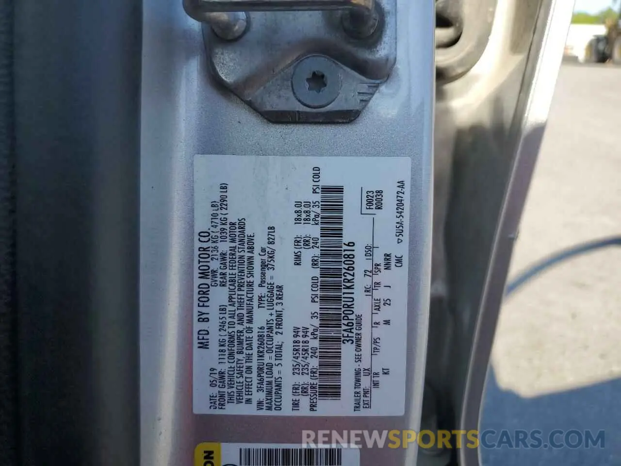 12 fotografías del automóvil dañado 3FA6P0RU1KR260816 FORD FUSION 2019