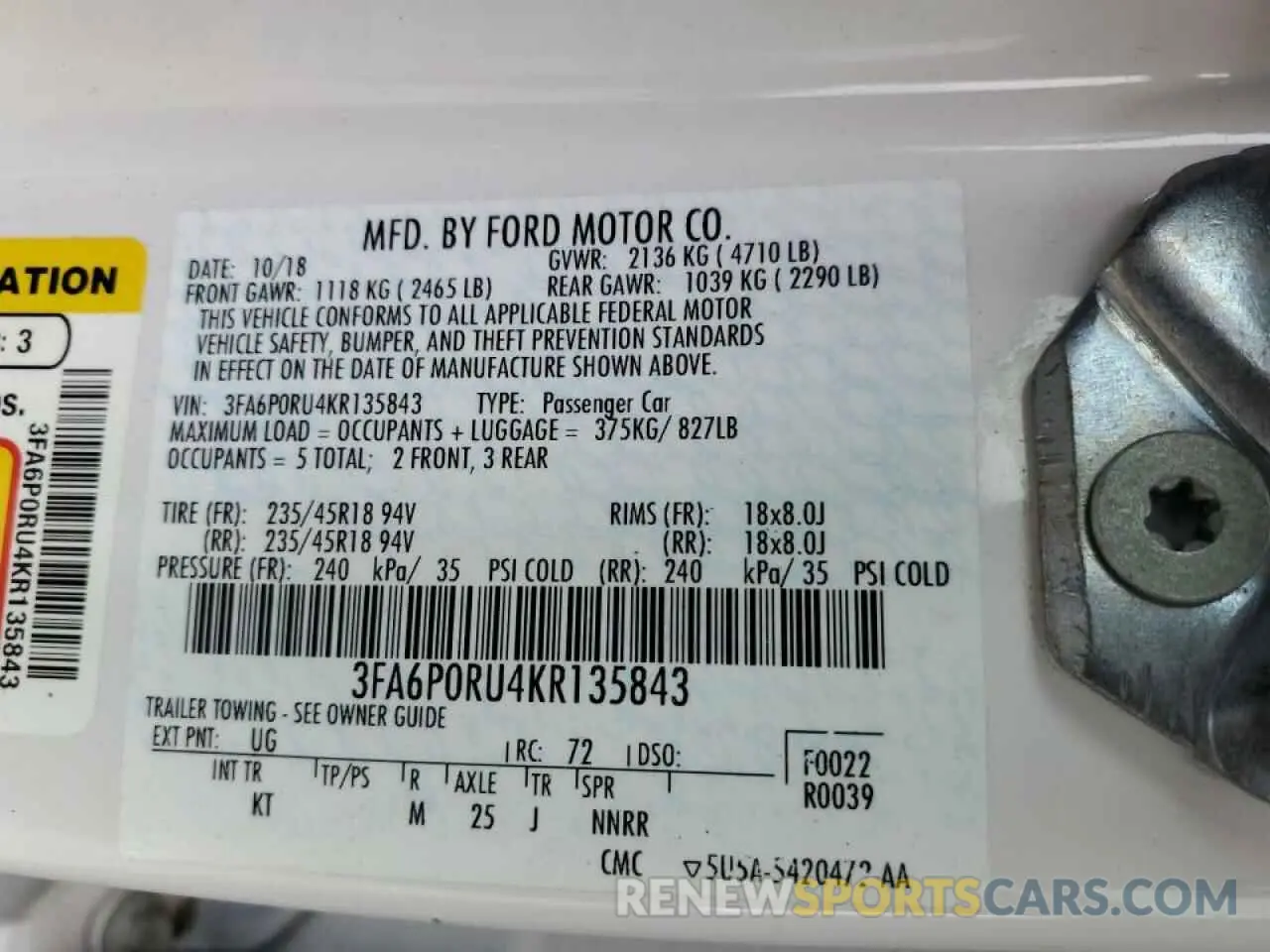 12 fotografías del automóvil dañado 3FA6P0RU4KR135843 FORD FUSION 2019