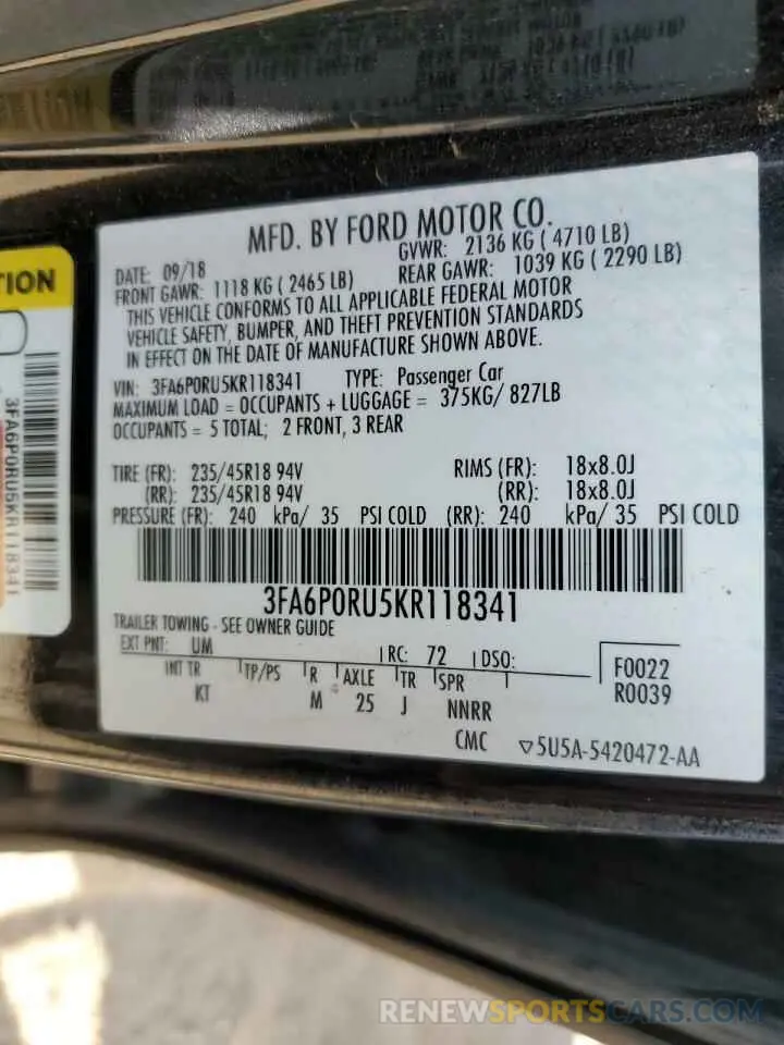 13 fotografías del automóvil dañado 3FA6P0RU5KR118341 FORD FUSION 2019