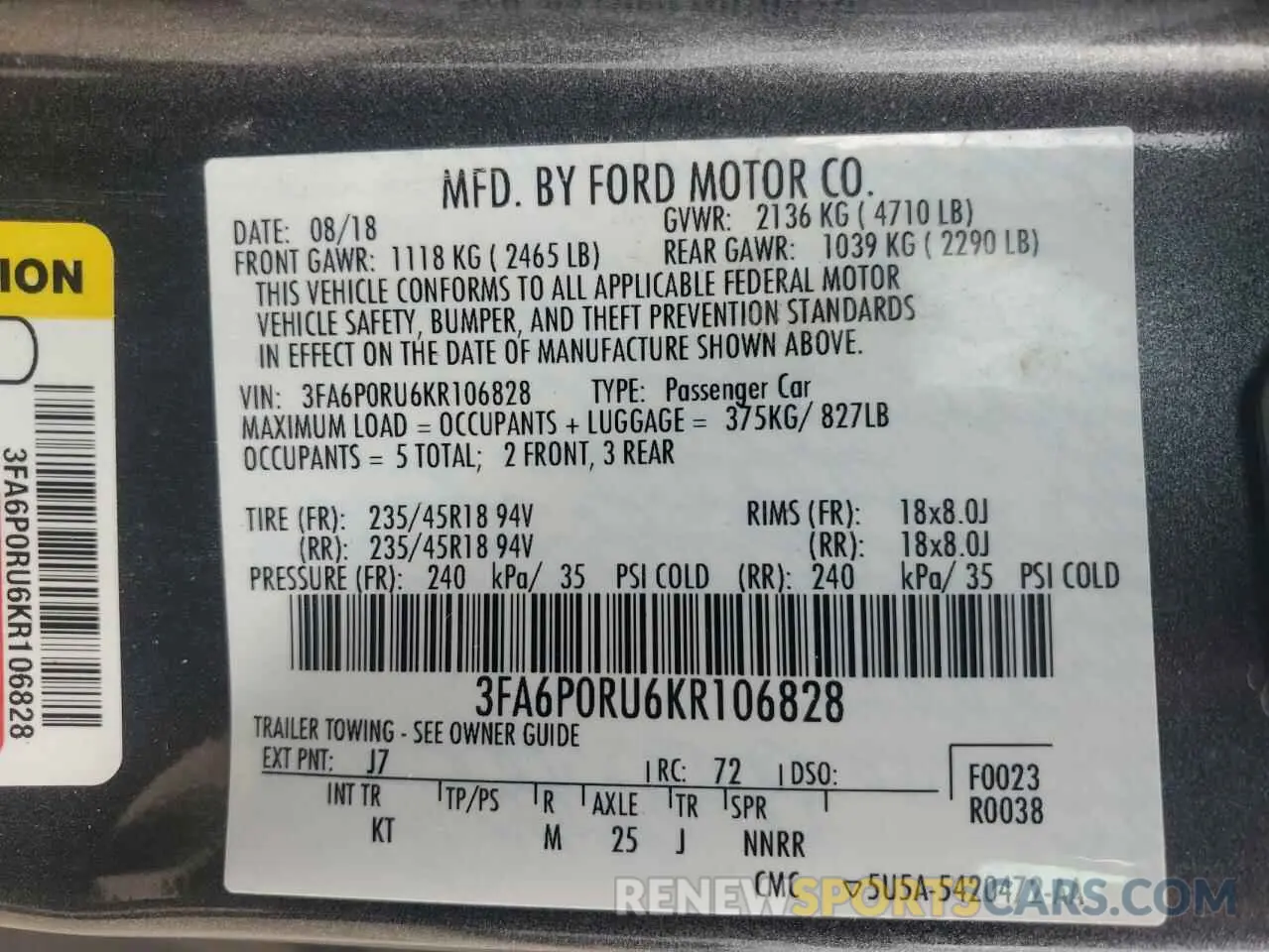 12 fotografías del automóvil dañado 3FA6P0RU6KR106828 FORD FUSION 2019