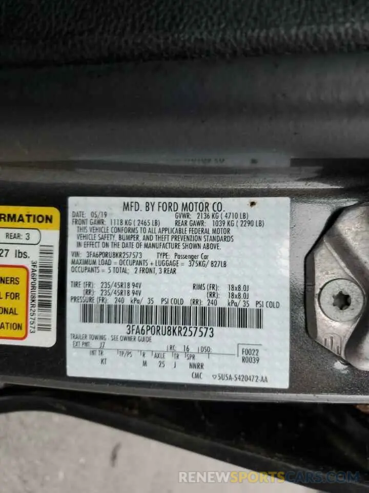 12 fotografías del automóvil dañado 3FA6P0RU8KR257573 FORD FUSION 2019