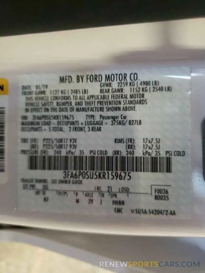 12 fotografías del automóvil dañado 3FA6P0SU5KR159675 FORD FUSION 2019