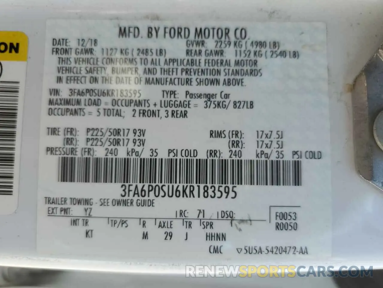 12 fotografías del automóvil dañado 3FA6P0SU6KR183595 FORD FUSION 2019