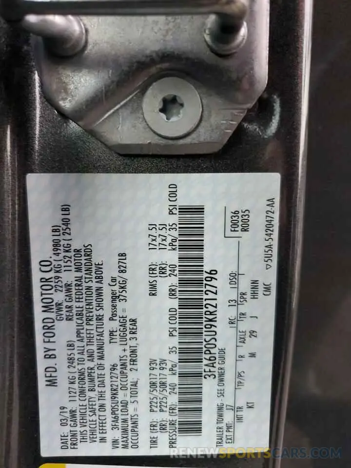 12 fotografías del automóvil dañado 3FA6P0SU9KR212796 FORD FUSION 2019