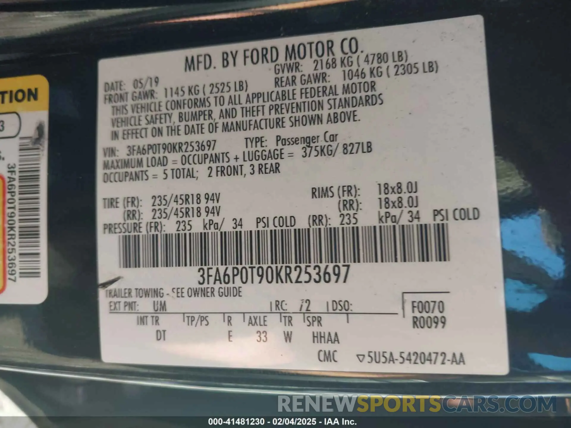 9 fotografías del automóvil dañado 3FA6P0T90KR253697 FORD FUSION 2019