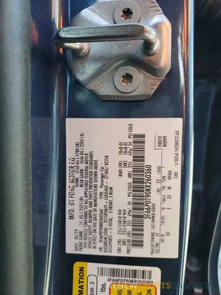 12 fotografías del automóvil dañado 3FA6P0T90KR260360 FORD FUSION 2019