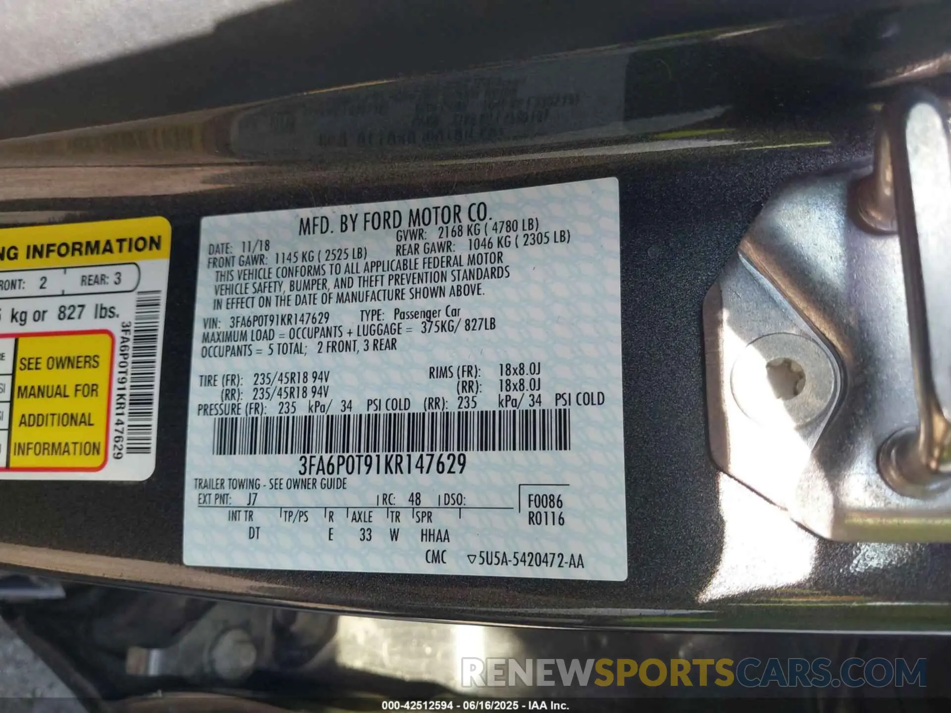 9 fotografías del automóvil dañado 3FA6P0T91KR147629 FORD FUSION 2019