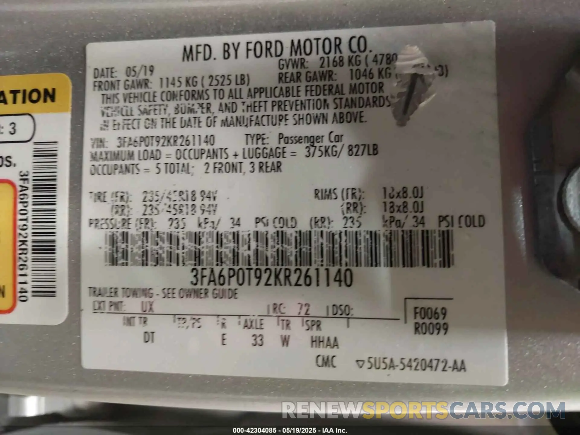 9 fotografías del automóvil dañado 3FA6P0T92KR261140 FORD FUSION 2019