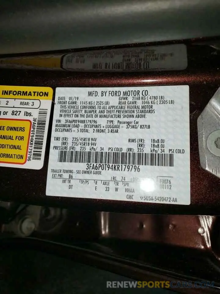 12 fotografías del automóvil dañado 3FA6P0T94KR179796 FORD FUSION 2019