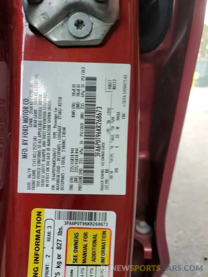 12 fotografías del automóvil dañado 3FA6P0T96KR268673 FORD FUSION 2019
