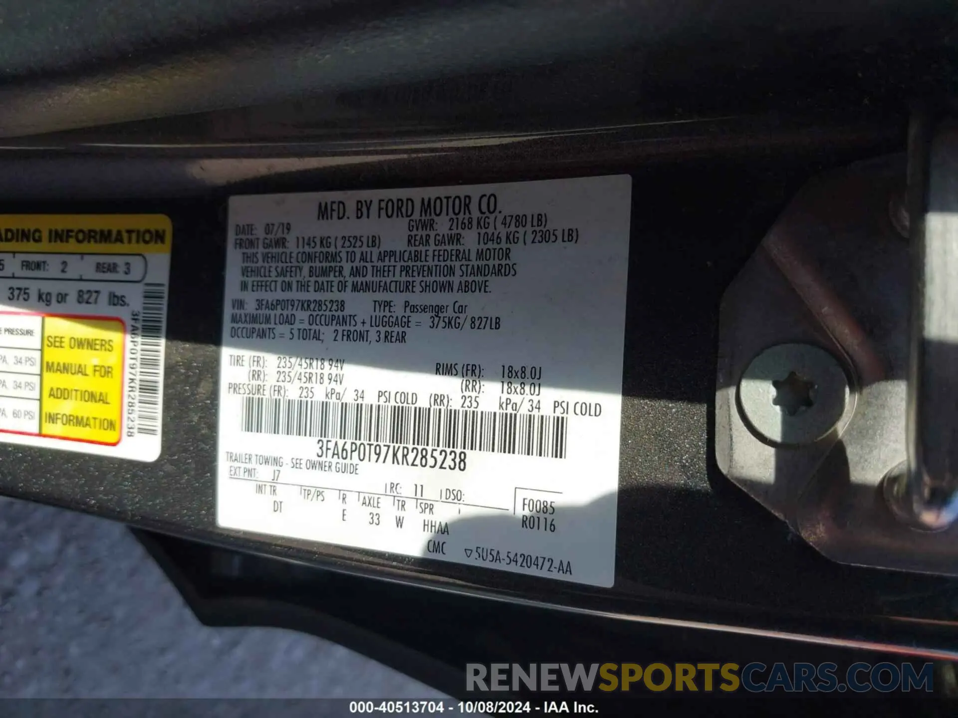 9 fotografías del automóvil dañado 3FA6P0T97KR285238 FORD FUSION 2019