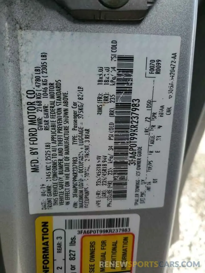 12 fotografías del automóvil dañado 3FA6P0T99KR237983 FORD FUSION 2019