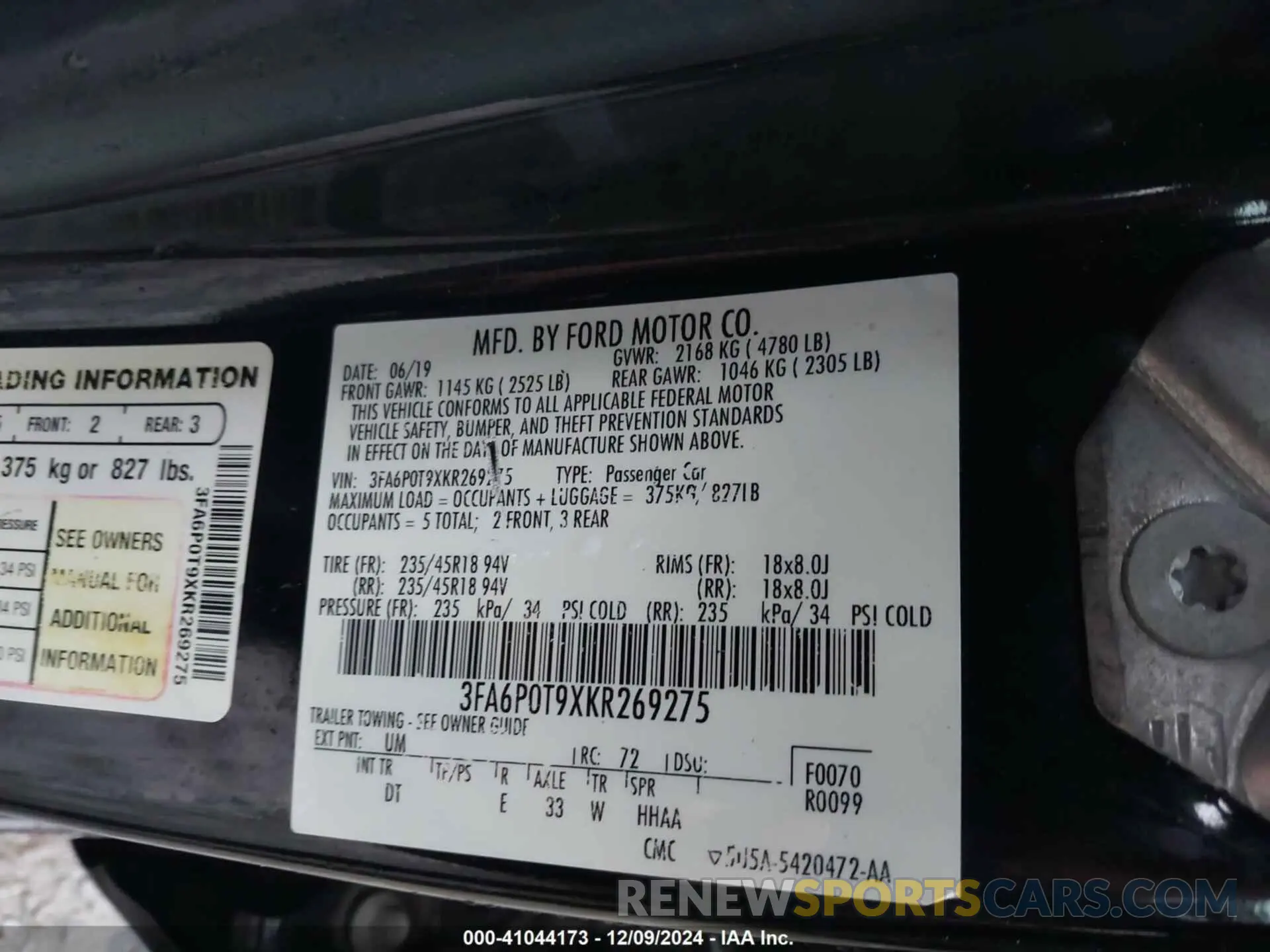 9 fotografías del automóvil dañado 3FA6P0T9XKR269275 FORD FUSION 2019