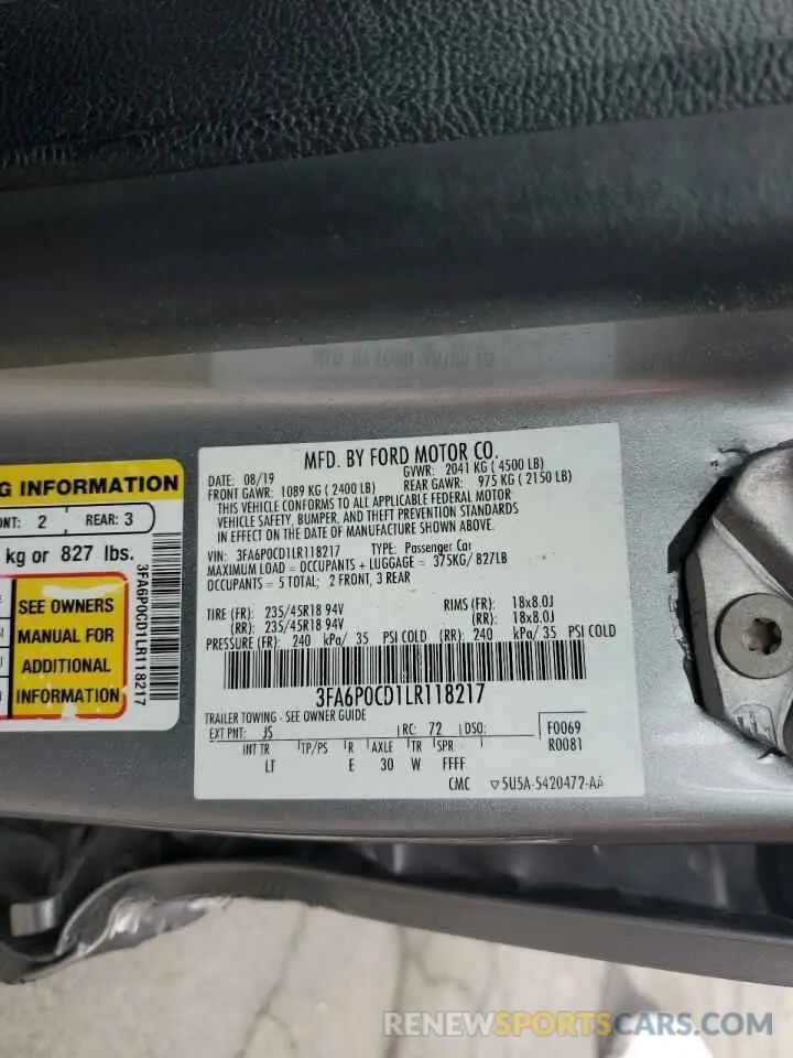 12 fotografías del automóvil dañado 3FA6P0CD1LR118217 FORD FUSION 2020
